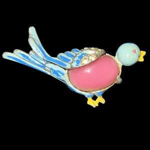 Vintage CORO Mrs Blue Bird Jelly Belly Brooch Pin Blue Enamel & Rhinestones 1941